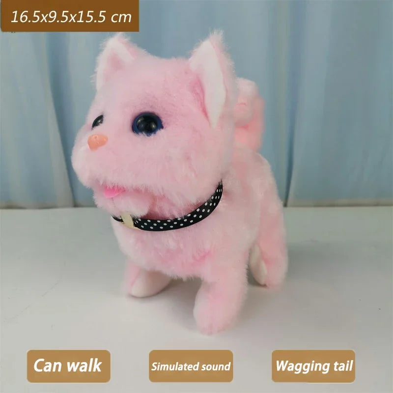 Pink plush cat toy with a black collar and a wagging tail