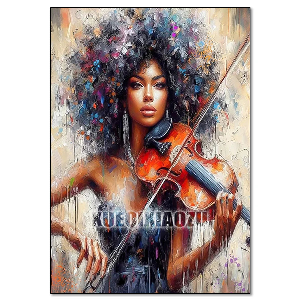 A vibrant painting of an African woman with curly hair, depicted in a portrait style.