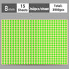 A sheet of round, self-adhesive dot labels in a light green color, arranged in a grid pattern.