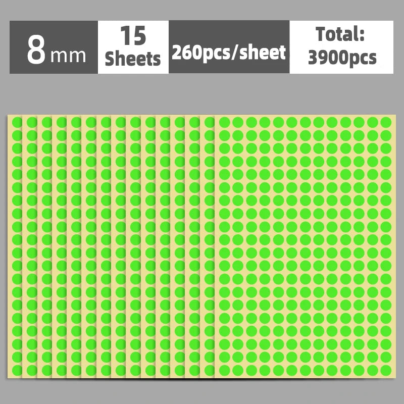A sheet of round, self-adhesive dot labels in a light green color, arranged in a grid pattern.