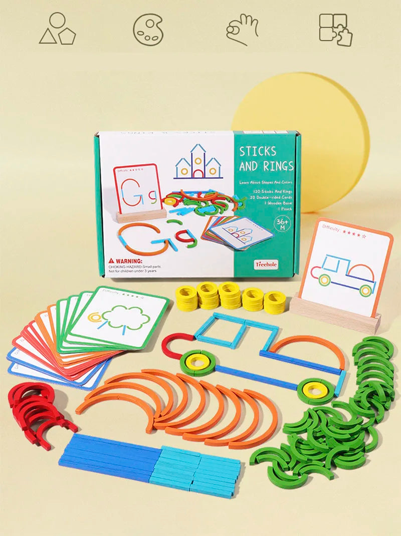 A set of wooden sticks and rings puzzle for early learning, featuring various colored pieces.