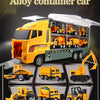 A yellow alloy container car truck set featuring various construction vehicles and a transporter.