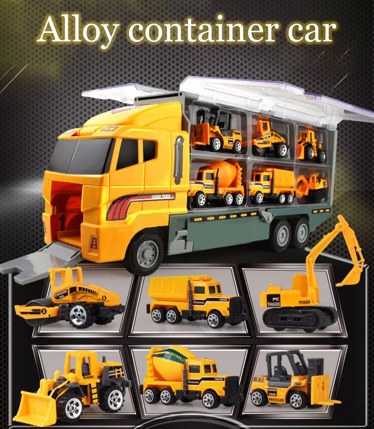 A yellow alloy container car truck set featuring various construction vehicles and a transporter.