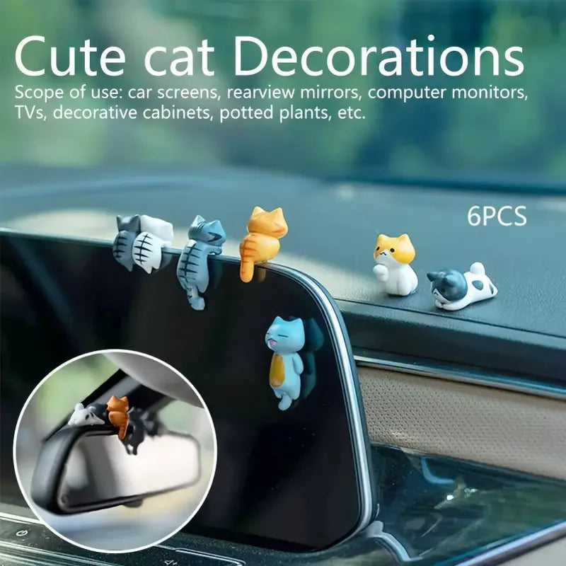 6-Pack PVC Cat Figurines for Car, Home, and Screen Decor