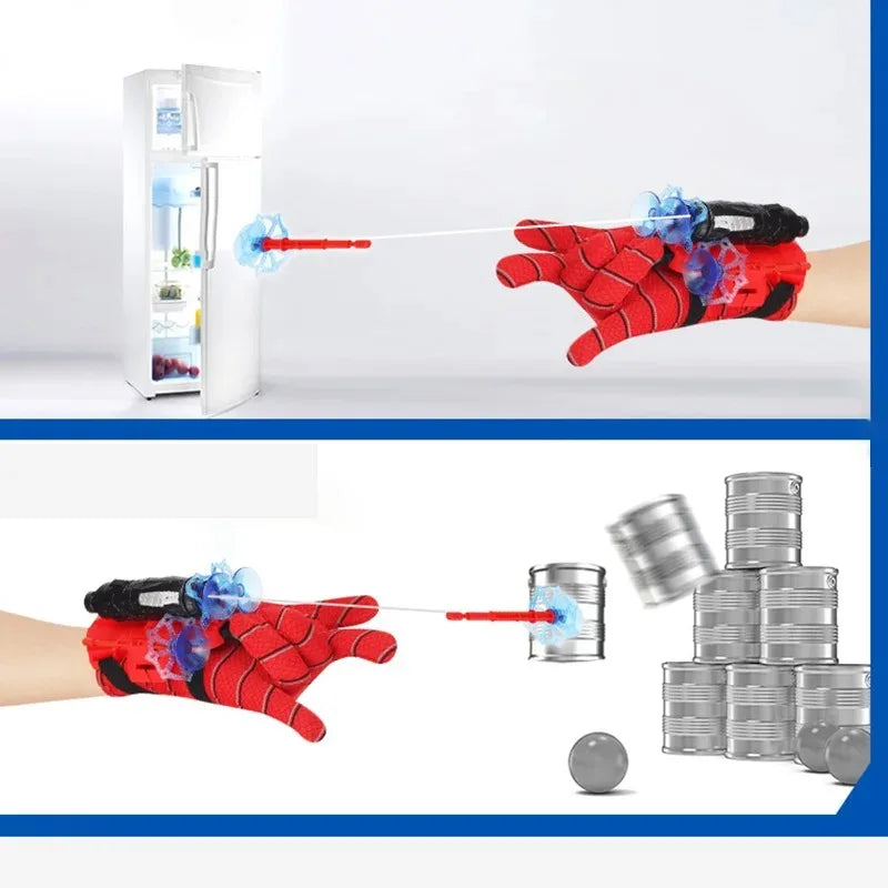 A hand wearing a red glove launches a blue dart from a launcher towards a stack of silver coins.