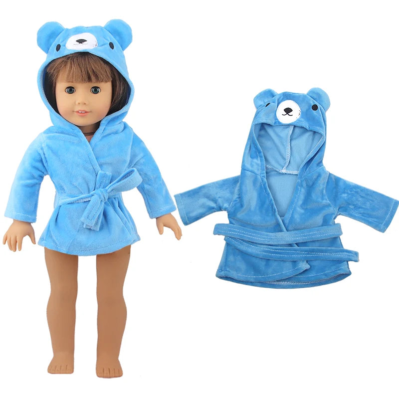A blue cartoon bear bathrobe and nightgown set for a doll
