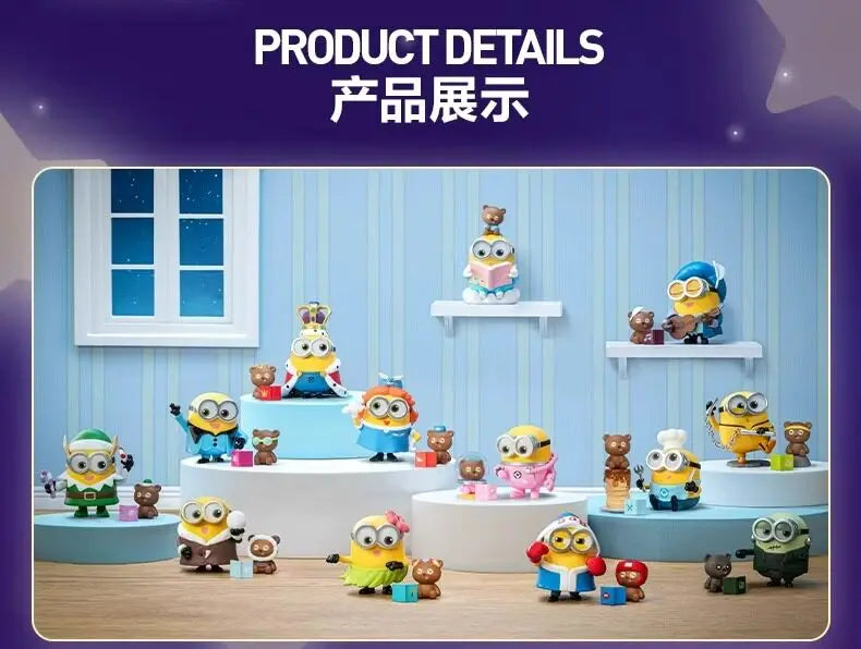A display of POP MART Minions collectible figures in various poses and colors arranged on a white table.