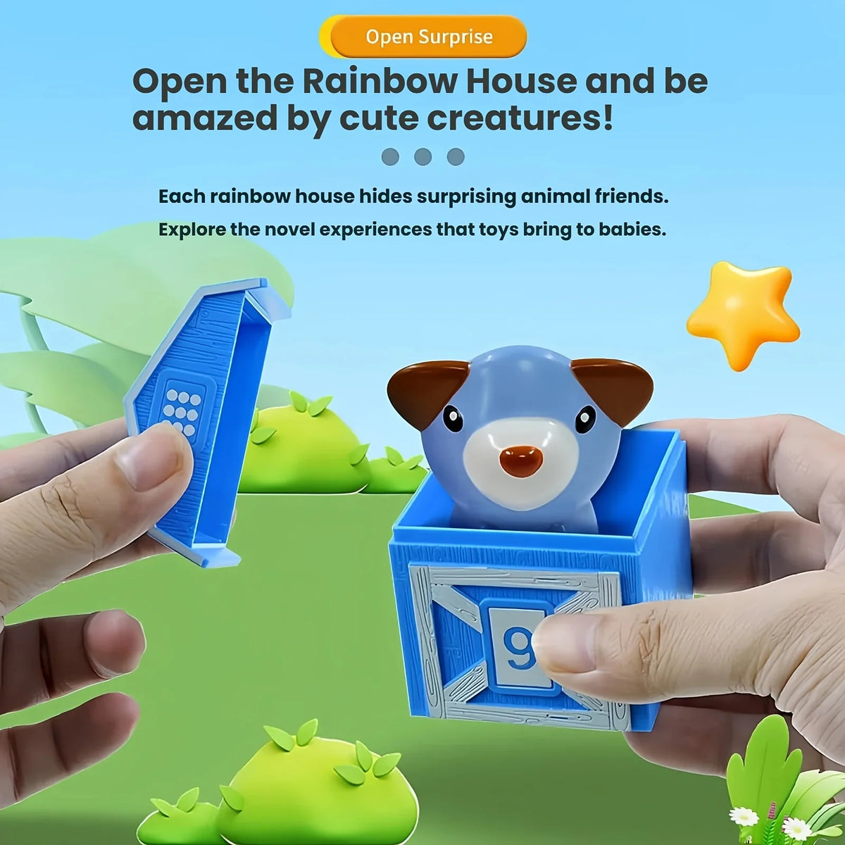 Hands open a blue box revealing a gray animal toy for toddlers, part of a Rainbow House surprise.