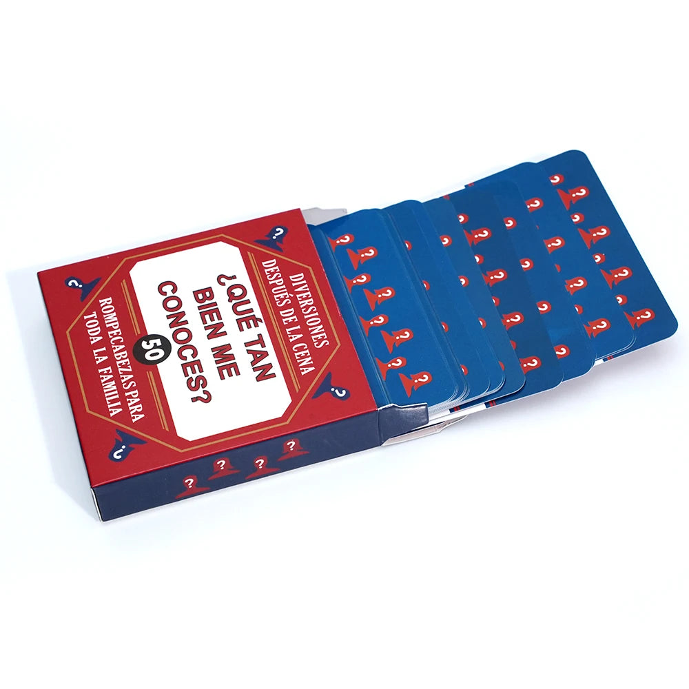 A deck of blue puzzle cards with red question marks and numbers, packaged in a red box for a family game.