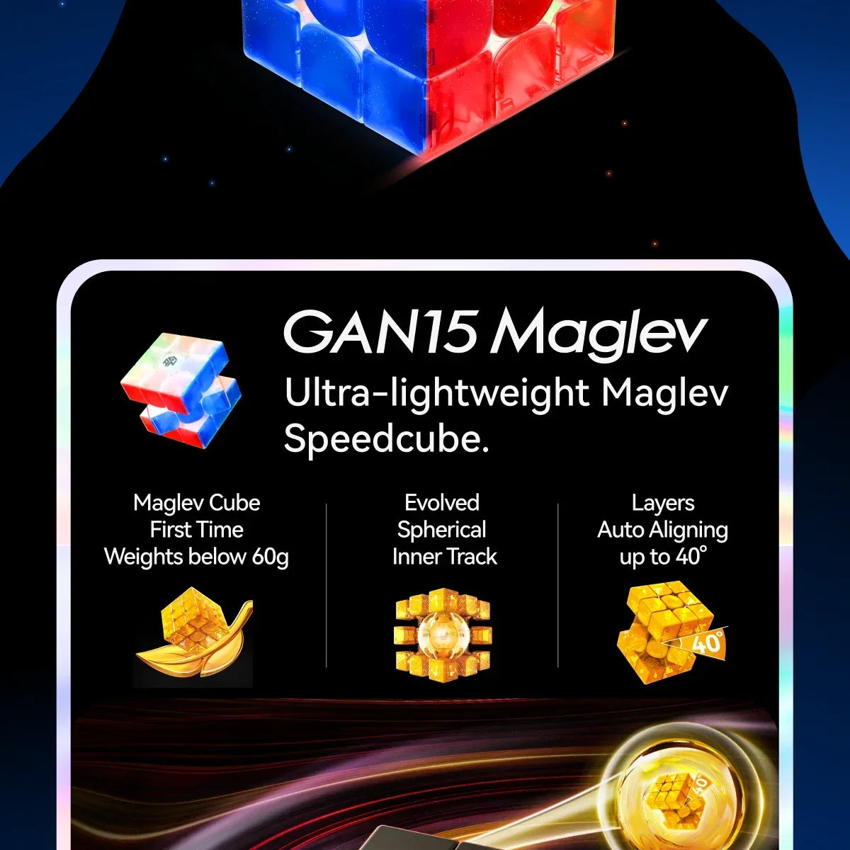 GAN15 Maglev Ultra-lightweight Maglev Speedcube showing layers and magnetic movement.