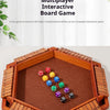 A wooden board game featuring dice and wooden pieces for a six-sided number multiplayer interactive game