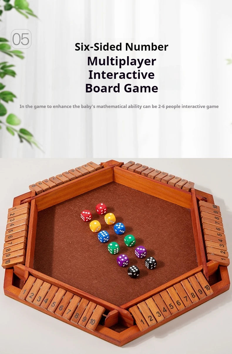 A wooden board game featuring dice and wooden pieces for a six-sided number multiplayer interactive game