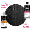 A bottle of Acrylic Varnish is shown next to a black textured surface, illustrating high gloss and matte finishes.