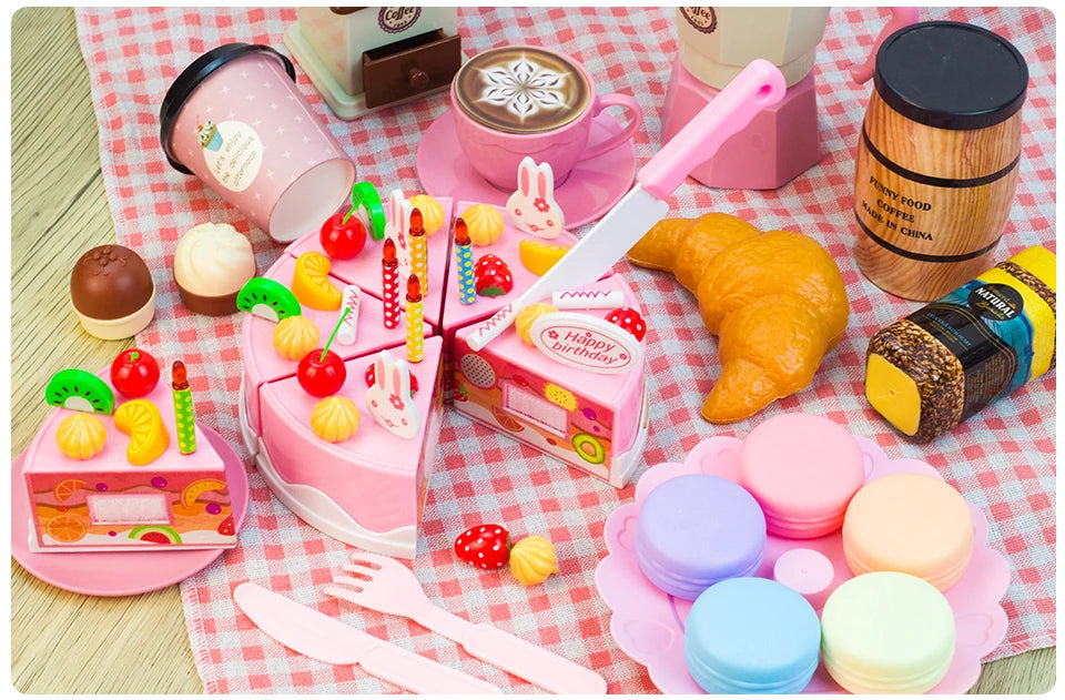 A pink pretend play tea party set featuring coffee cups, cakes, and other food items for children.