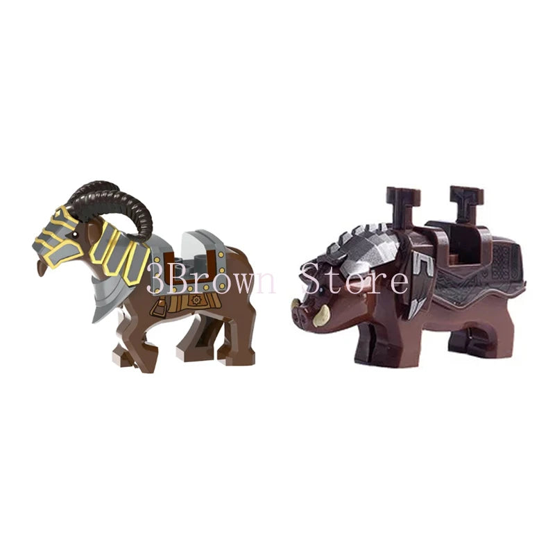 Two brown African wildlife animal building blocks, a horse and a rhino.