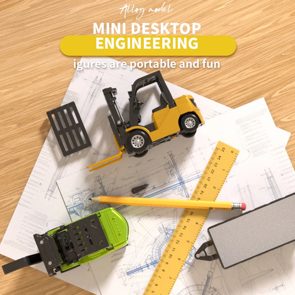 Mini desktop engineering figures and a yellow forklift model are shown on blueprints and a ruler.