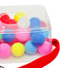 A clear plastic container filled with colorful shaking balls for a party game.