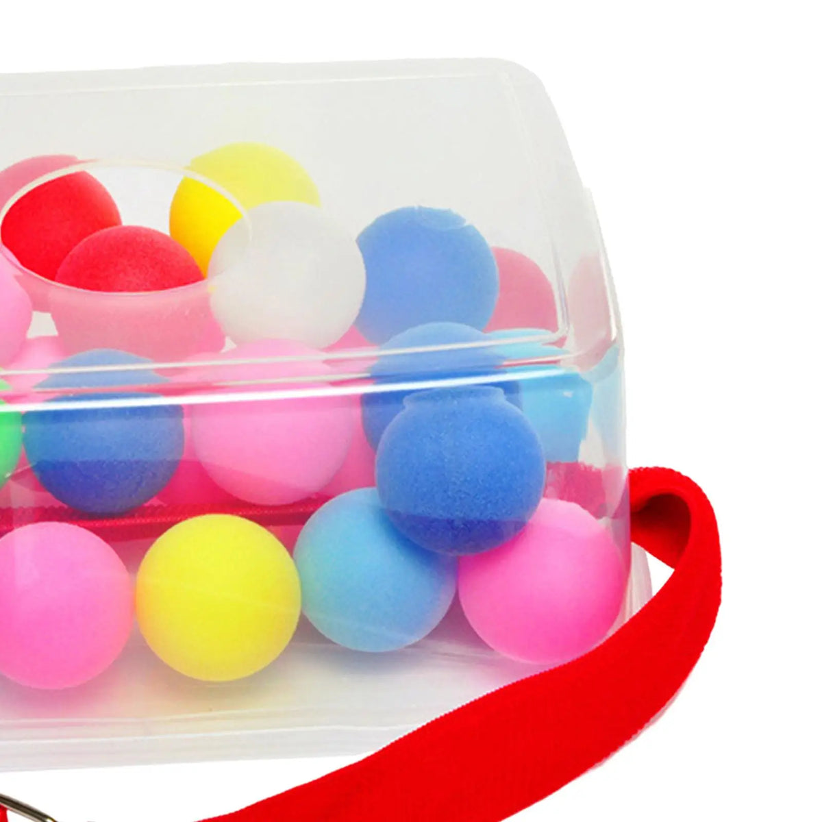 A clear plastic container filled with colorful shaking balls for a party game.