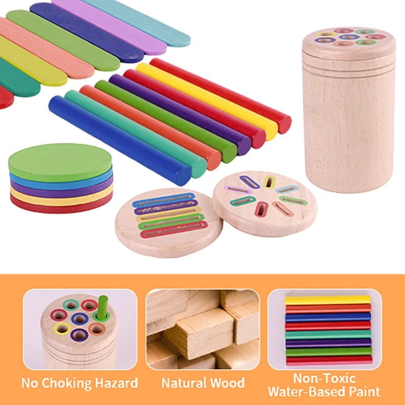 Wooden color classification stick toy set featuring various colored wooden sticks and a storage container