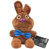 A brown plush toy resembling a rabbit with large eyes and a blue bow.