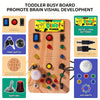 A wooden toddler busy board featuring various switches, horns, and LED lights for brain visual development.