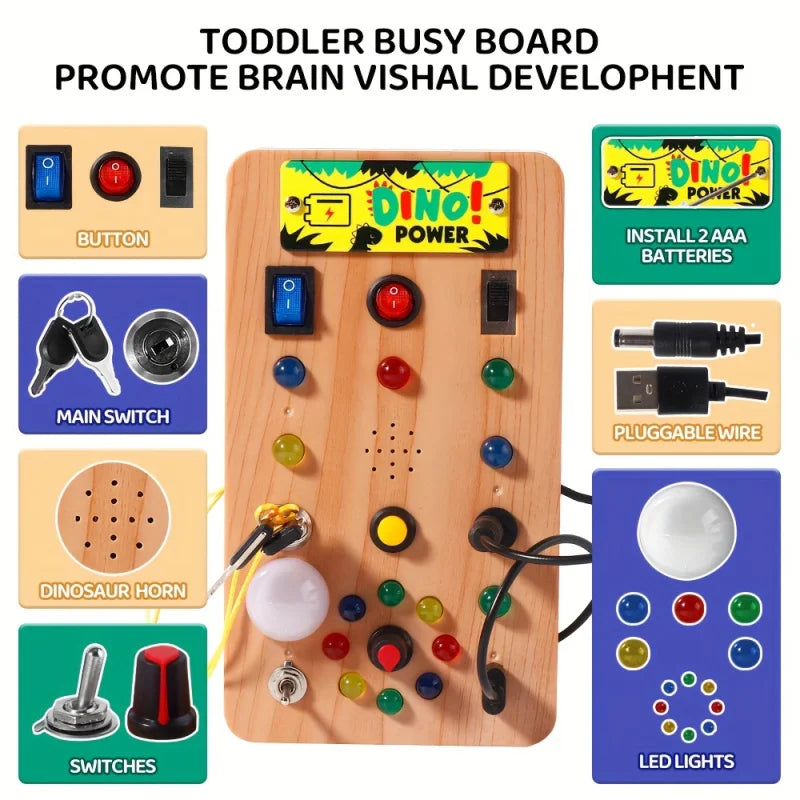 A wooden toddler busy board featuring various switches, horns, and LED lights for brain visual development.