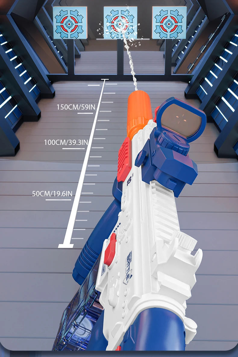A close-up view of an electric water blaster toy gun being fired, demonstrating its range with a measuring scale.