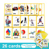 A set of 26 themed learning flashcards for kids featuring various toys and sports like jeep, rugby, golf, tennis, and balloon