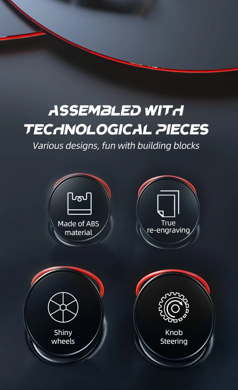 Assembled with technological pieces building blocks including ABS material, true re-engraving, shiny wheels, and knob steerin