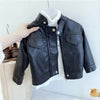 A black faux leather zip-up jacket displayed on a white mannequin.
