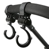 Black universal multi-purpose stroller hooks designed for shopping and baby bags