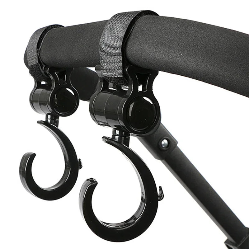 Black universal multi-purpose stroller hooks designed for shopping and baby bags