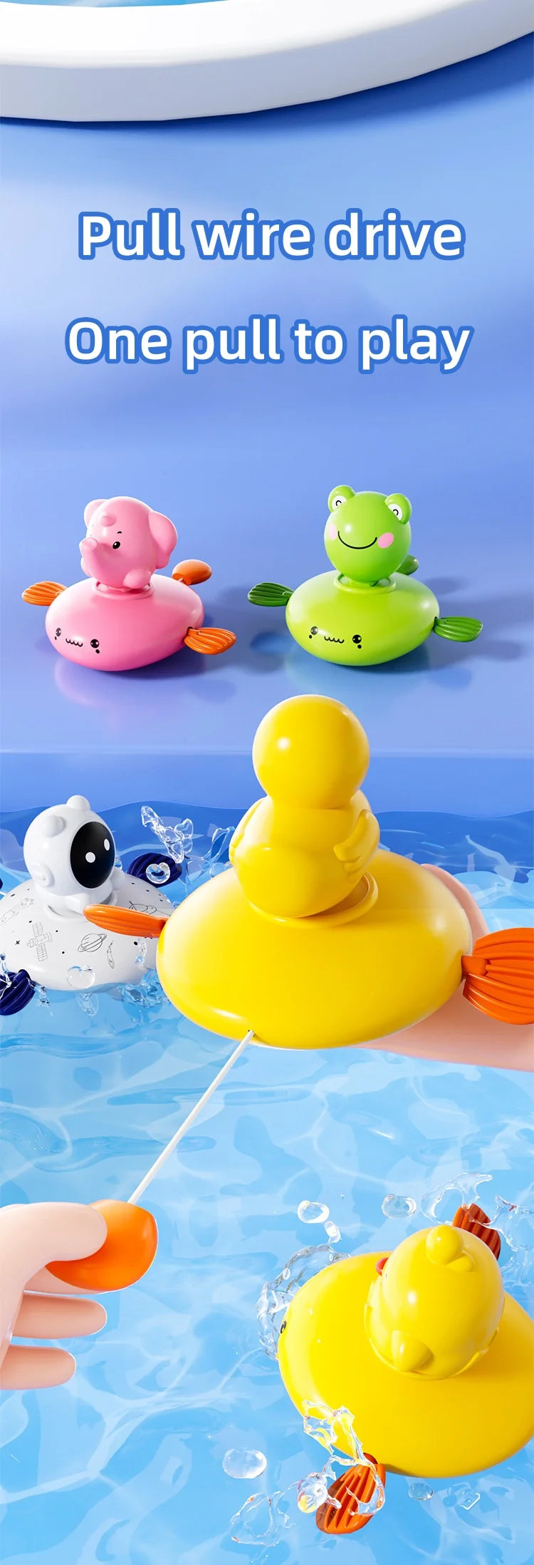 A hand is pulling a yellow frog water wheel bath toy through the water.
