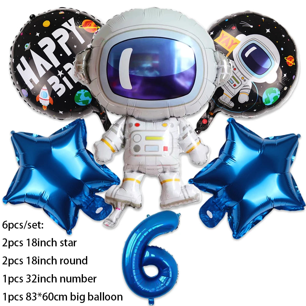 Outer space astronaut party décor set featuring a helmet, space suit, and various balloons for a celebration