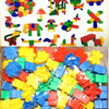 A large assortment of colorful plastic building blocks in various shapes and colors.