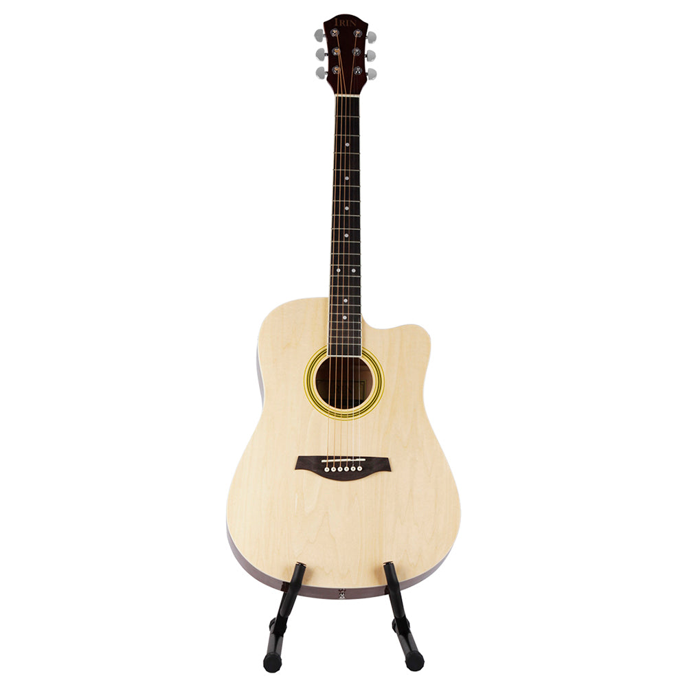 A light-colored acoustic guitar is displayed on a foldable metal stand.