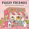 A colorful illustration of a fuzzy friends coloring book featuring cute animals and floral designs.