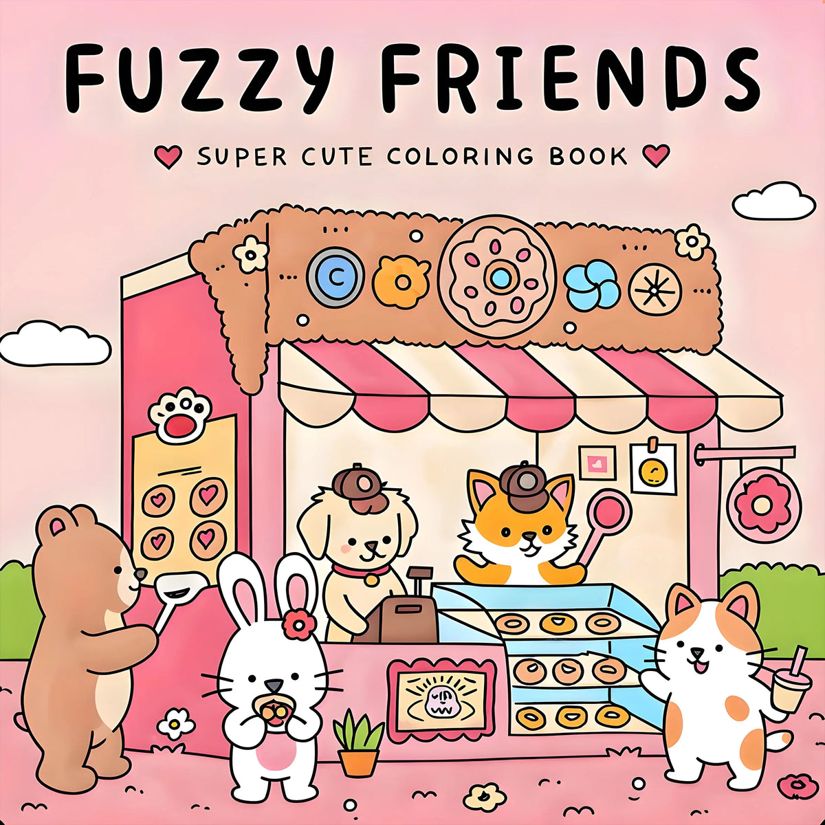 A colorful illustration of a fuzzy friends coloring book featuring cute animals and floral designs.