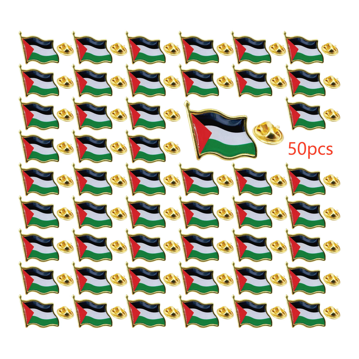50 pieces of durable metal enamel lapel pins featuring the Palestinian flag design