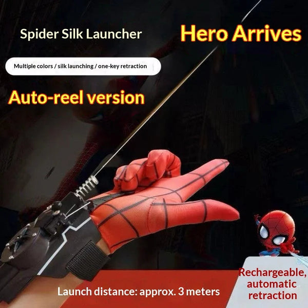 An orange and black spider silk launcher prop is shown with a hand, demonstrating its auto-reel version and 3-meter launch di