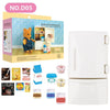 A set of miniature dollhouse furniture including a bathroom, kitchen, and laundry playset with various accessories.