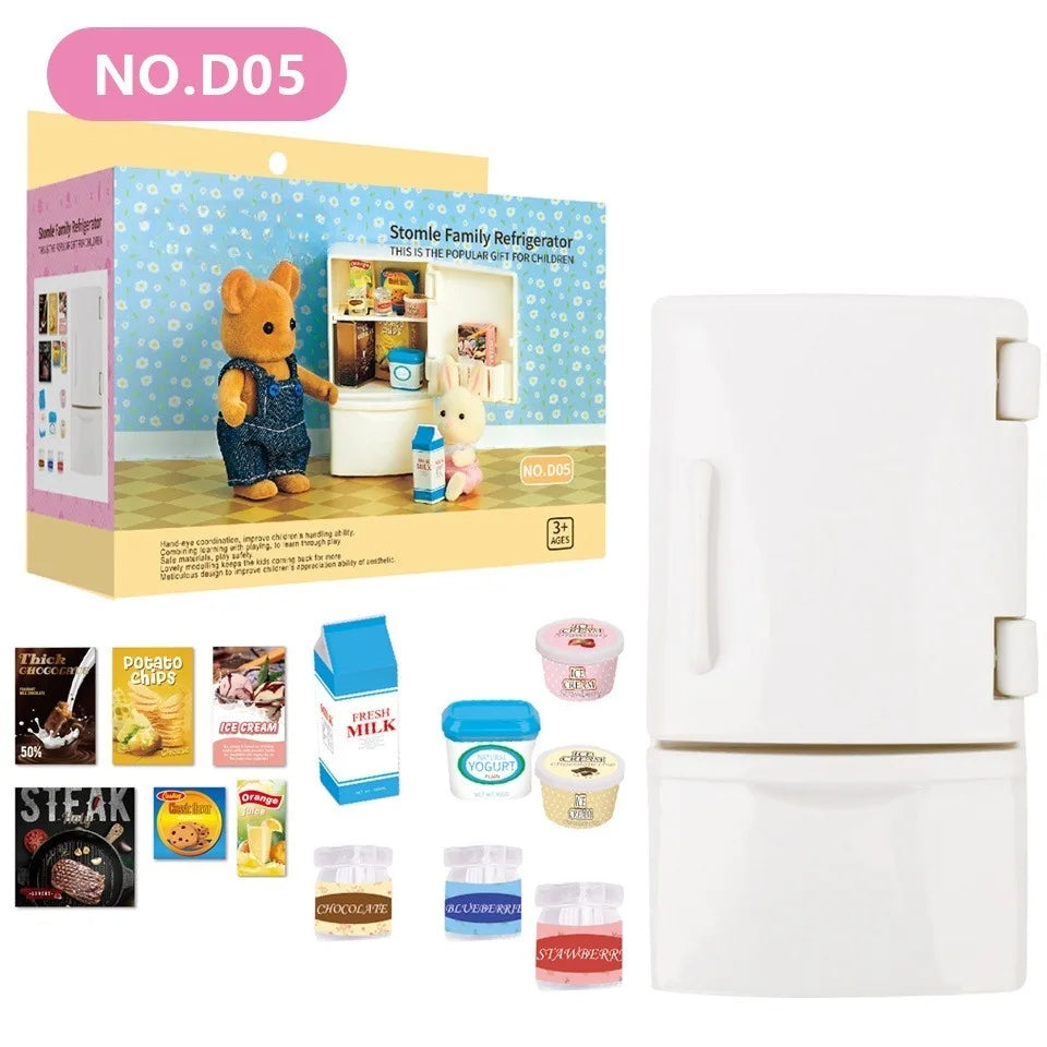 A set of miniature dollhouse furniture including a bathroom, kitchen, and laundry playset with various accessories.