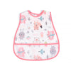 A pink and white cartoon pattern waterproof baby bib for toddlers featuring various cute animal characters.