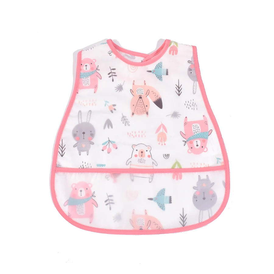 A pink and white cartoon pattern waterproof baby bib for toddlers featuring various cute animal characters.