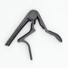 A black aluminum alloy quick-change guitar capo with a hinged design.