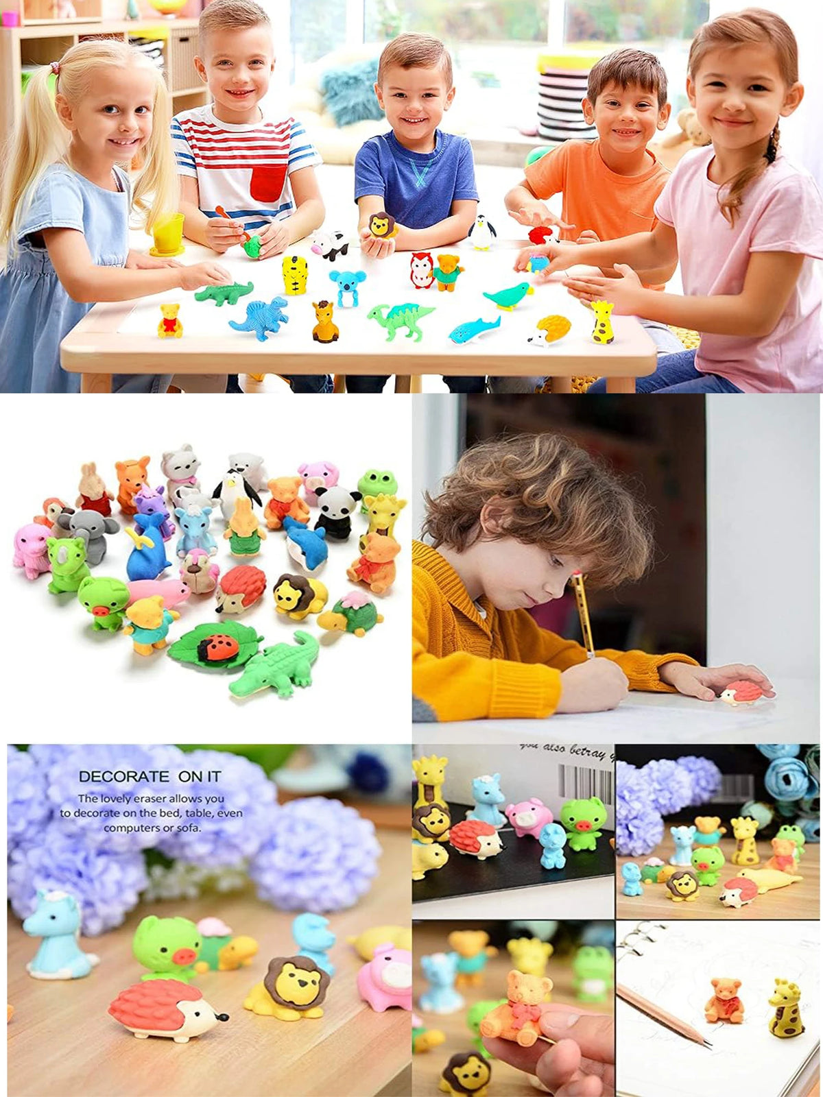 A collection of cute 3D puzzle animal erasers in various colors and shapes for kids