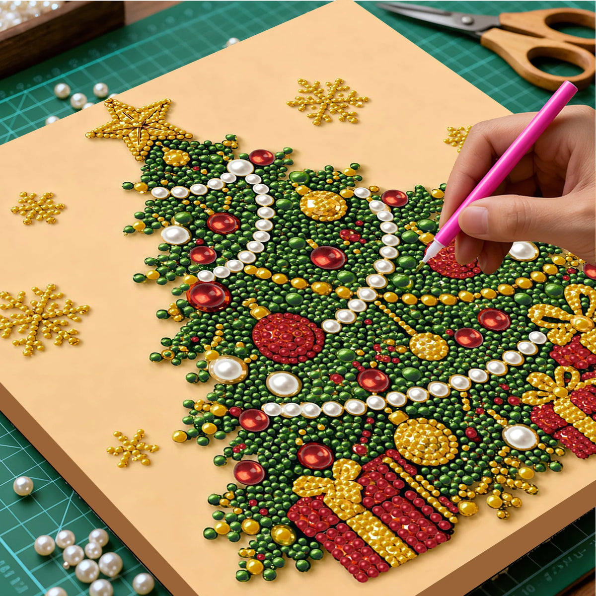 A hand is painting a detailed Christmas tree design using green and red beads on a canvas board.