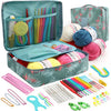 A collection of 59 crochet tools including needles, yarn, and accessories organized in a teal case.