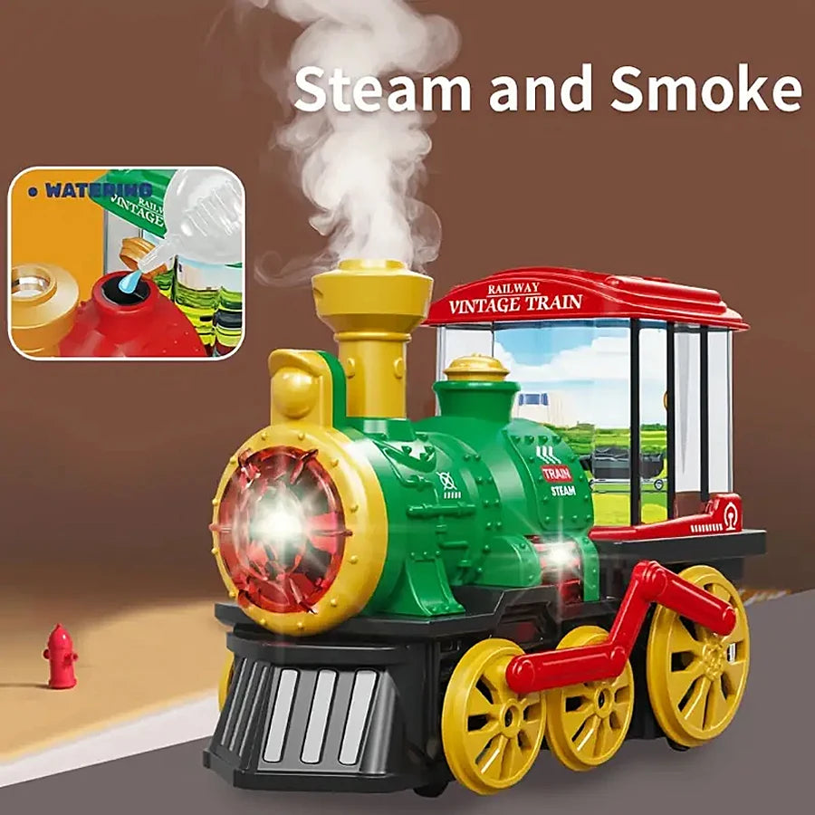 A green and yellow electric steam train toy truck with lights and smoke effects on a brown background.