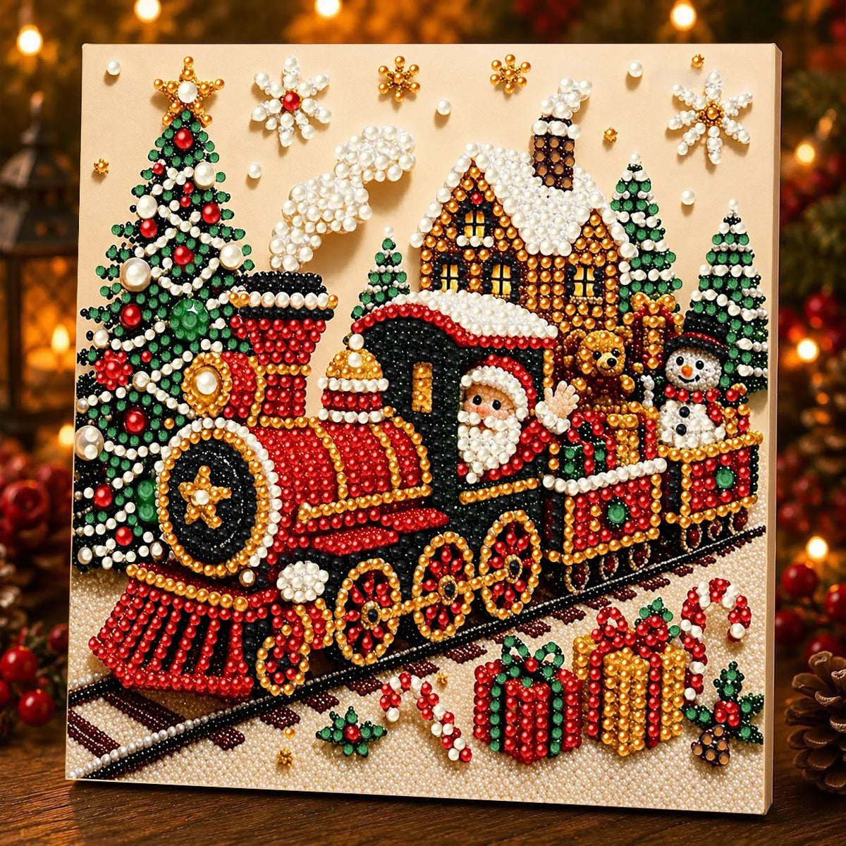 A detailed pearl painting kit featuring a festive Christmas train scene on a canvas.